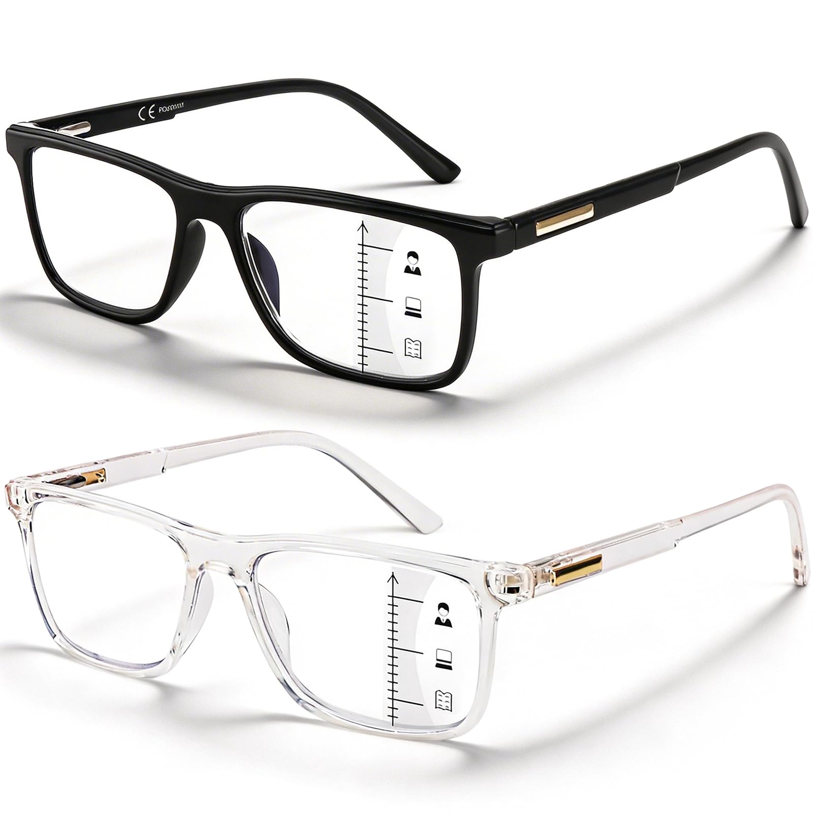 Photo 1 of Missfive 2 Pack Unisex Progressive Multifocus Reading Glasses for Men Women, Anti Blue/UV No-Line Multifocal Readers with Durable Metal Spring Hinge, Stylish Eyewear for Near Workspace Eyewear 1.75x