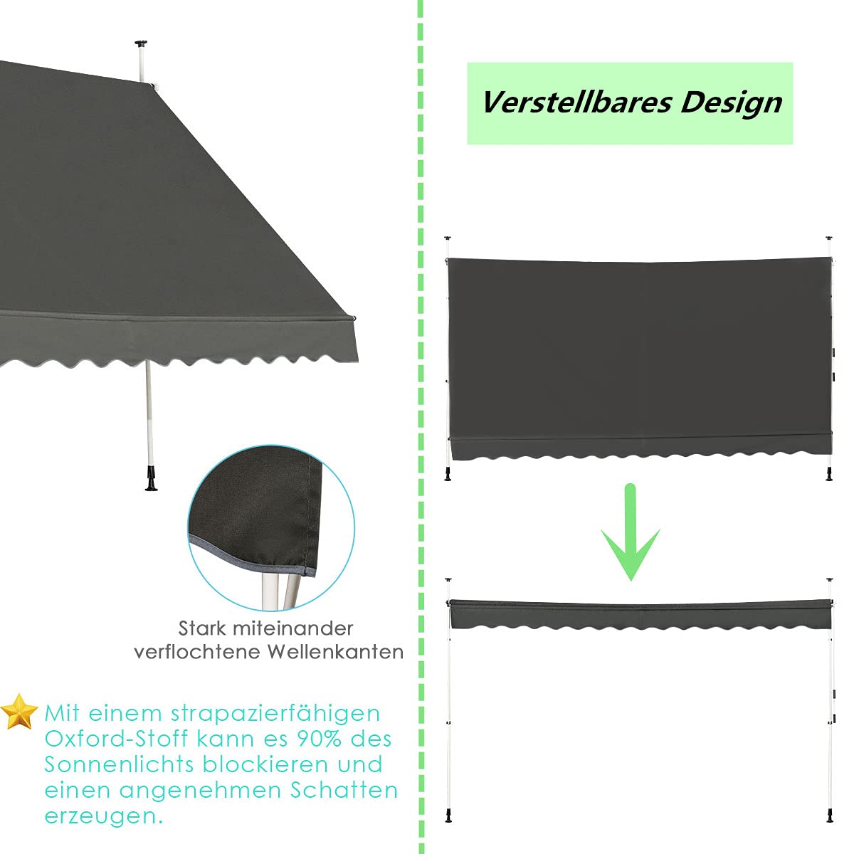 RELAX4LIFE Klemmmarkise 400 cm breit, Markise Balkon ohne Bohren, Höhenverstellbare Balkonmarkise mit Handkurbel, Sonnenschutz für Terrasse Balkon Veranda (400x175cm, Grau)