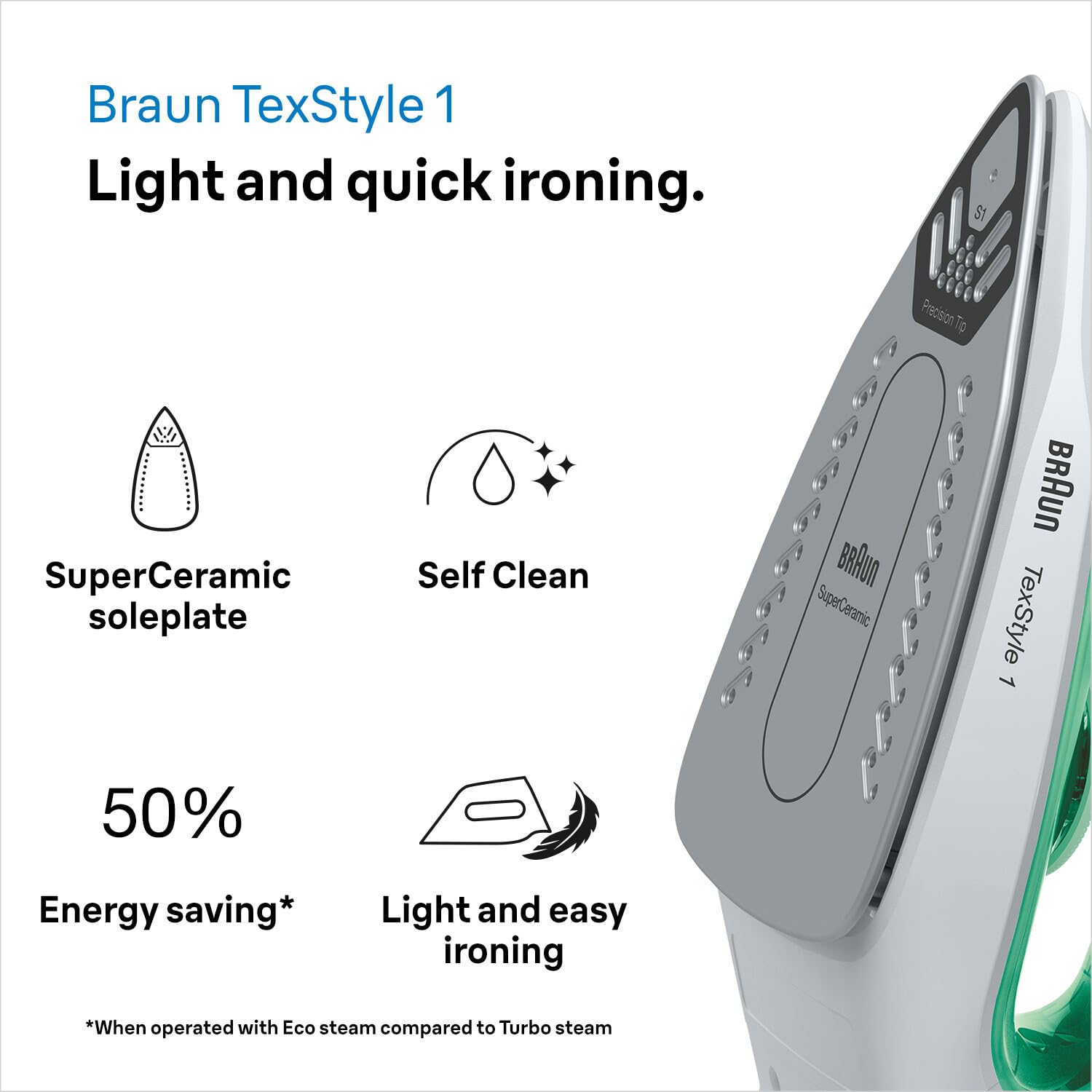 Braun TexStyle1 SI1040GR Ferro da stiro a Vapore, 5 Anni di Assistenza, Riscaldamento Rapido, Termostato Regolabile, 25g/min vapore in continuo, 120g/min colpo vapore, Serbatoio 220ml, Potenza 2000W
