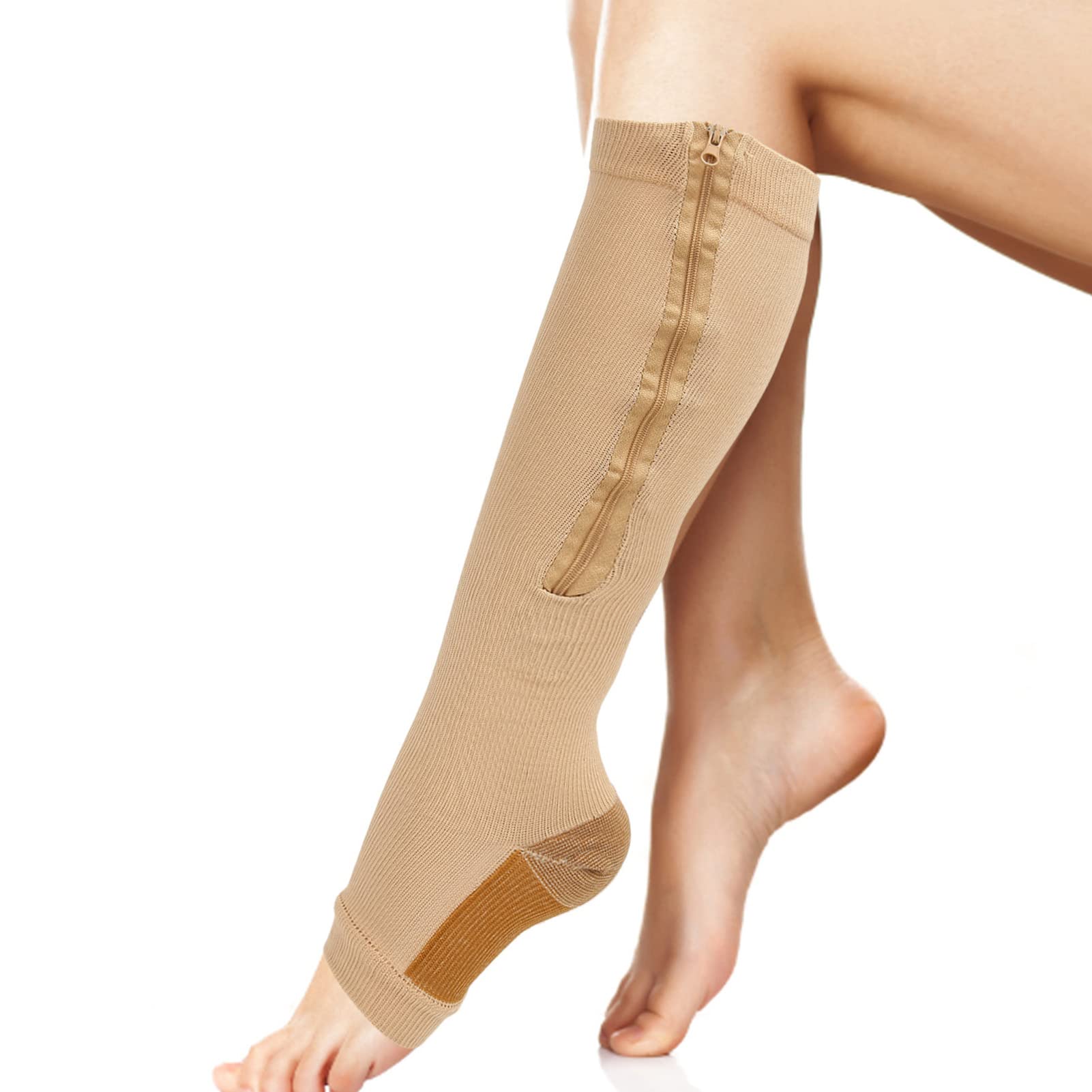 Zipper Compression Socks Soft Nylon Washable Reusable Open Toe Leg Shaping Socks for Women Men High Elastic Calf Zippered Compression Sleeve Compression Stockings(L XL Skin tone)