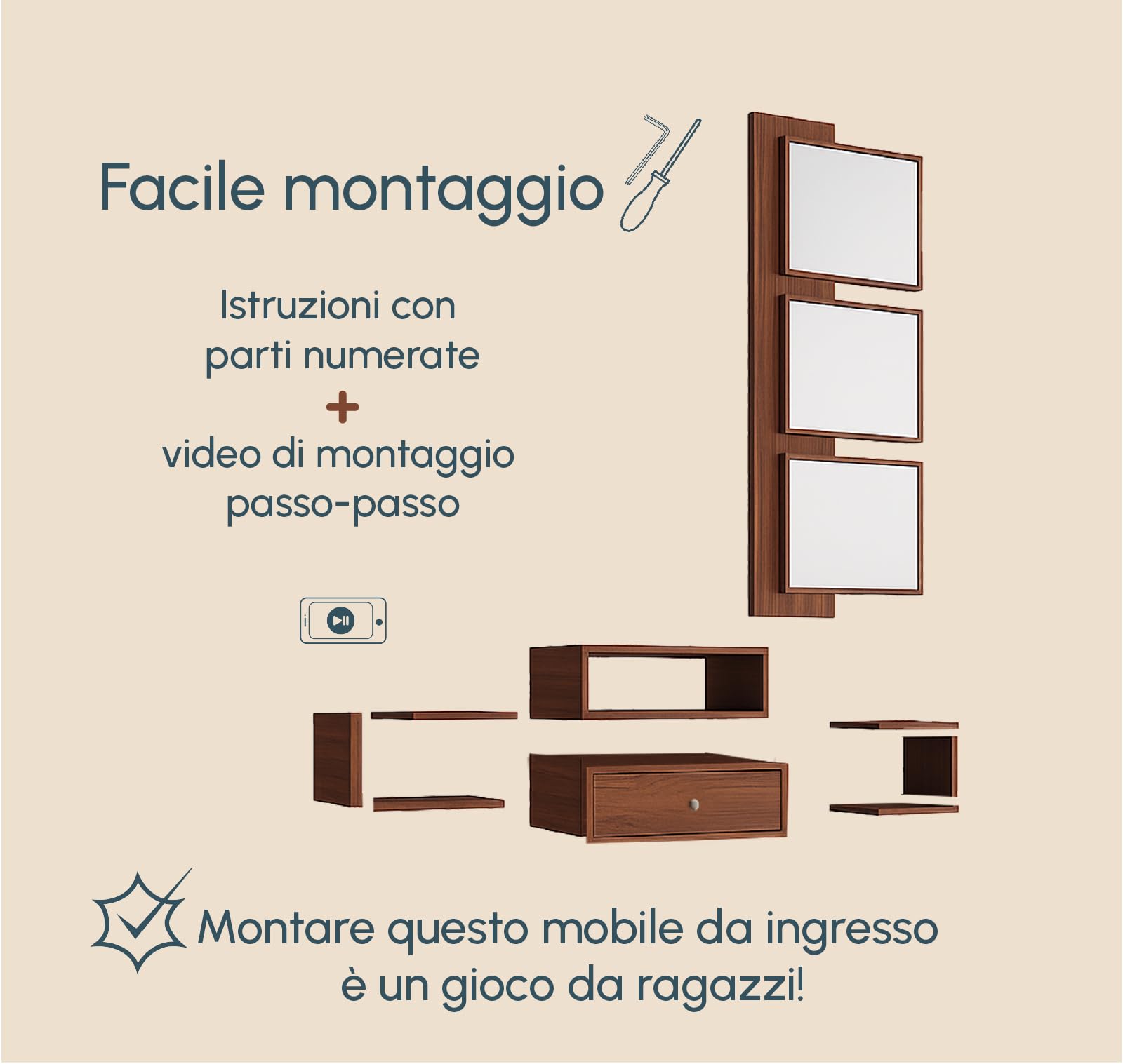MB Muebles Bonitos, Mobile Ingresso Sospeso Neo, con Specchio e Cassetto, Melamina, Colore Noce Ambar Opaco, 99.5x145x22cm