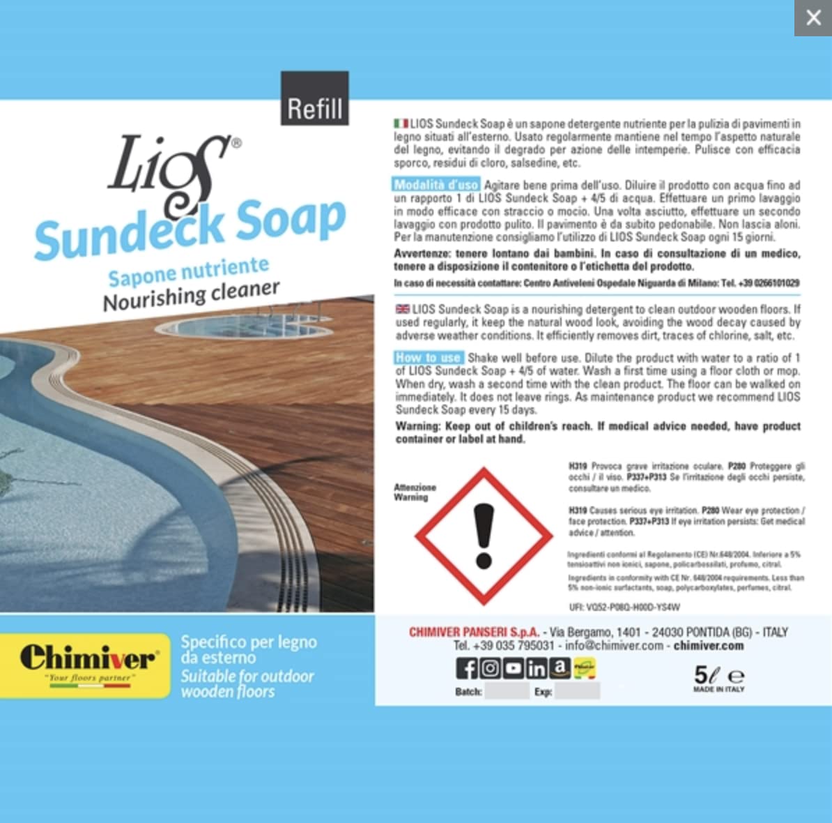 Chimiver Lios Sundeck Soap 5 LT, detergente per la pulizia di pavimenti in legno da esterno, Nutre ed elimina lo sporco, i residui di cloro e la salsedine.