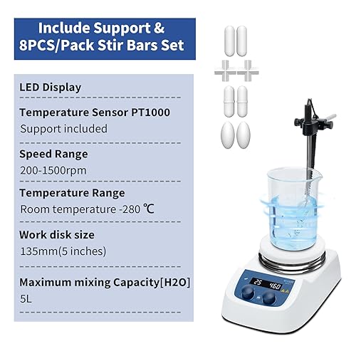 Miniatura 5 de ONiLAB Agitador magnético de placa calefactora digital LED de 5 pulgadas con placa de trabajo de acero inoxidable recubierta de cerámica, 200-1500