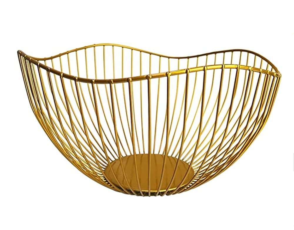 NatureMan Kitchen counter fruit bowl Large fruit basket bowl Metal wavy storage basket Kitchen vegetable and fruit bowl, used to hold fruits, vegetables and bread (gold) 2 pieces 