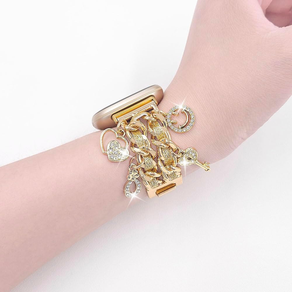 Metal Bands Compatible with Fitbit Versa 4/Versa 3/Sense 2/Sense Band Women,Stylish Cuban Chain Bracelet with Cute Unique Pendants Love Cross Charms Strap - Image 5