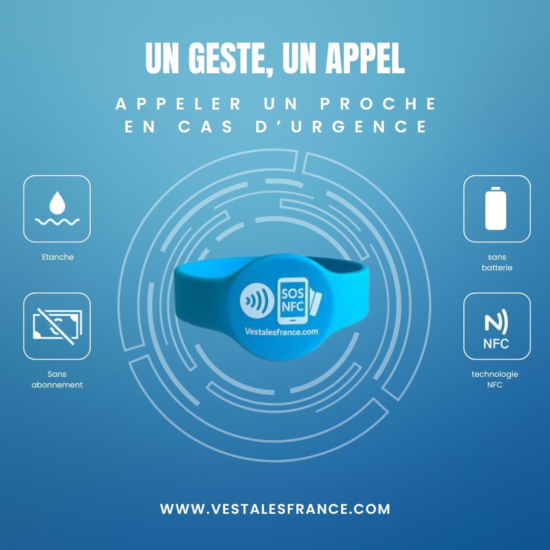 Bracelet Sécurité Enfant NFC Identification Urgence sans Batterie Fabrication Française Bleu 1 Pièce