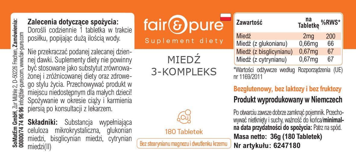 Fair & Pure Complesso di rame a 3 componenti, 180 compresse, 2 mg per compressa, facili da deglutire, integratore alimentare vegano senza additivi, prodotto in Germania