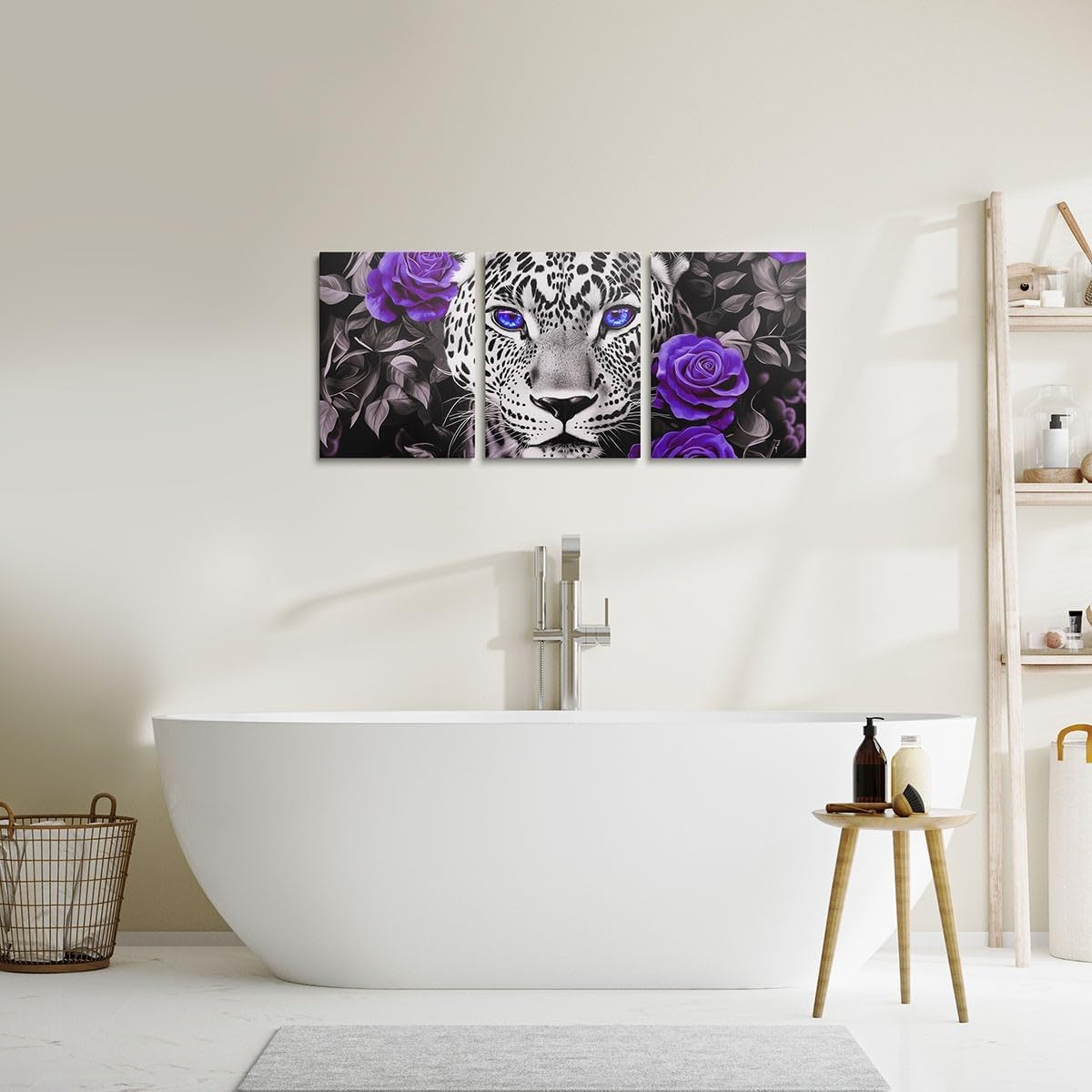 Cheetah Canvas Wall Art Set of 3,Purple Rose Framed Wall Art Black and White Grey Leopard Print Wall Decor Living Room,Western Animals Poster Prints Artwork for Walls Flowers Hang Pictures Home Decor