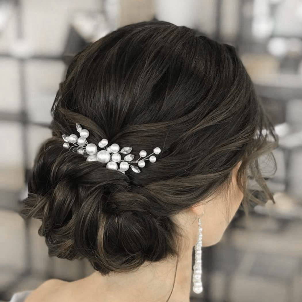 Wedding Bride Pearl Hair Side Comb Silver Rhinestone Bridal Hair Clips Crystal Hair Pieces Hair Accessories for Women and Girls (Silver)
