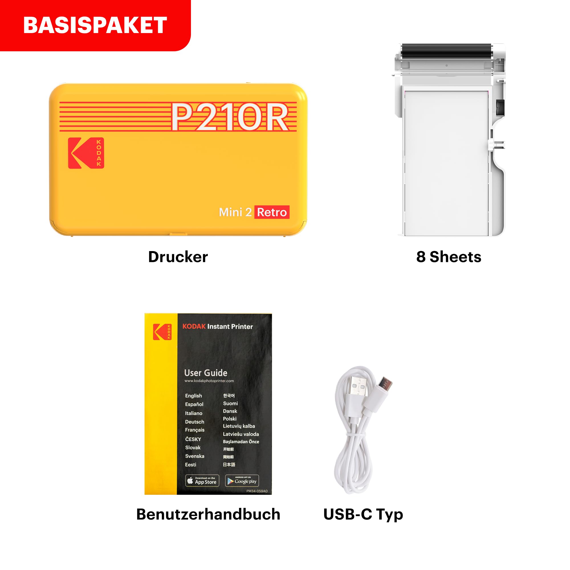 Kodak Mini 2 Retro mobiler Farbig Fotodrucker für Smartphone (iPhone & Android) - Weiß - 8 Blatt (54 x 86 mm, 4Pass-Technologie-Laminierung)