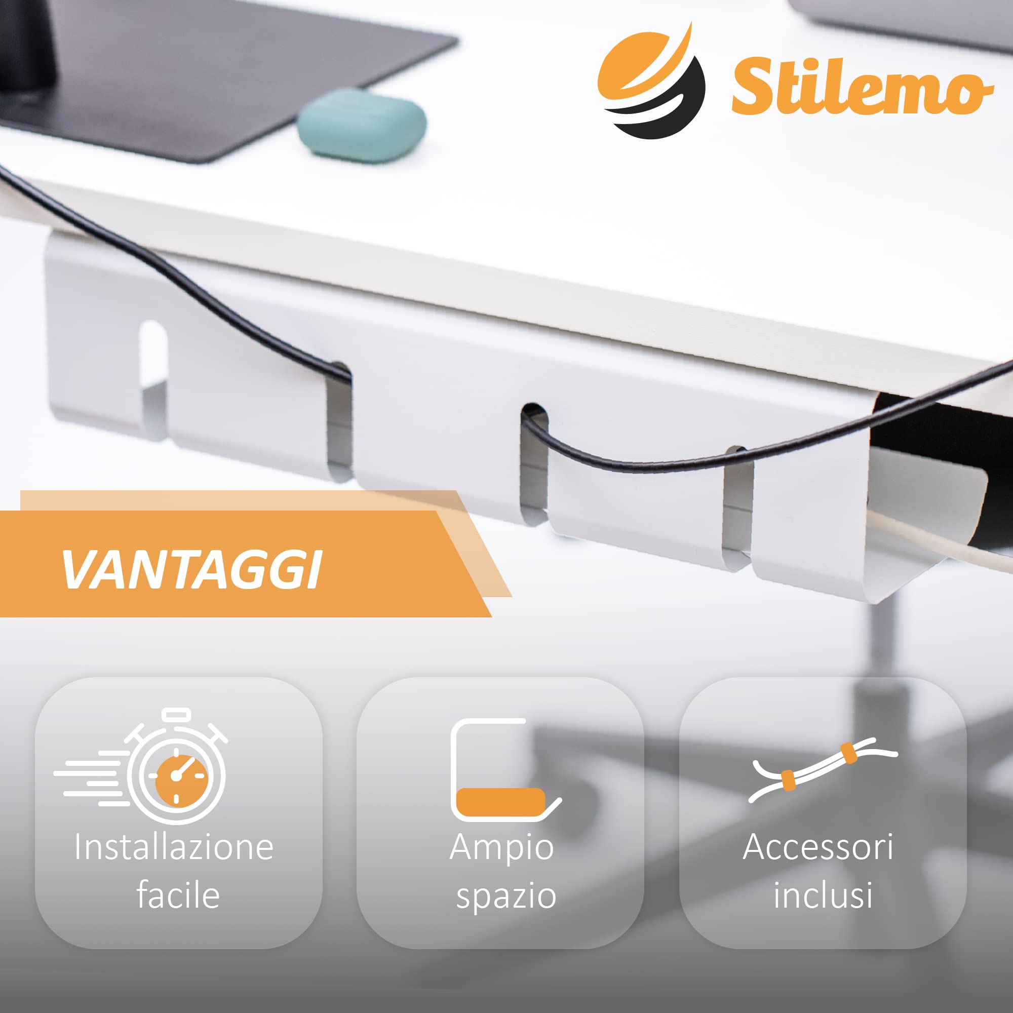 Raccogli Cavi Scrivania – Canalina Passacavi sotto Scrivania Cable Management – Organizer Portacavi Ufficio - Nascondi Cavi sotto Tavolo – 2 Scatole Porta Cavi - Verniciatura a Polvere Bianco