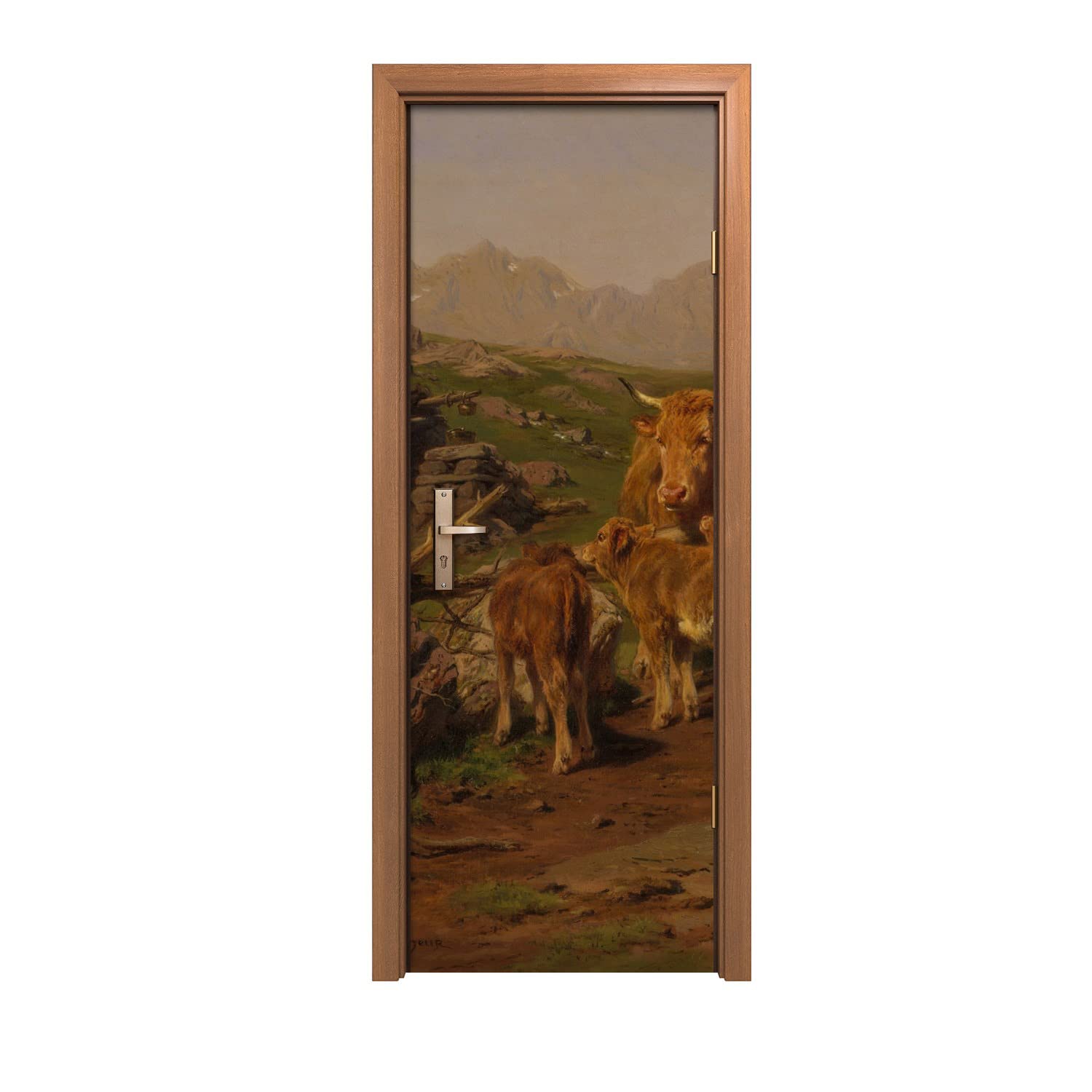 Autocollant de porte vache paysage 70x200cm pour decoration murale de maison