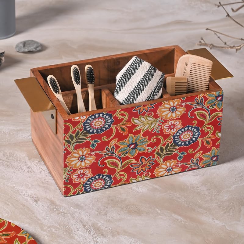 Image of Wooden Cutlery Holder for Kitchen - Handcrafted Floral Design with Sturdy Handles | Utensil & Tissue Organizer for Dining Table & Office - Red (Printed)
