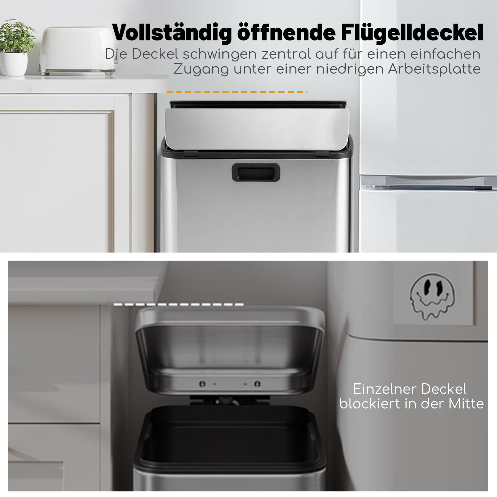 COSTWAY 46L Mülleimer Edelstahl, Küchenabfalleimer mit 2 Deckeln & Pedal & Griffe, Treteimer mit herausnehmbarem Inneneimer, Abfalleimer für Küche, Wohnzimmer, Badezimmer, Büro, 52 x 26 x 68 cm
