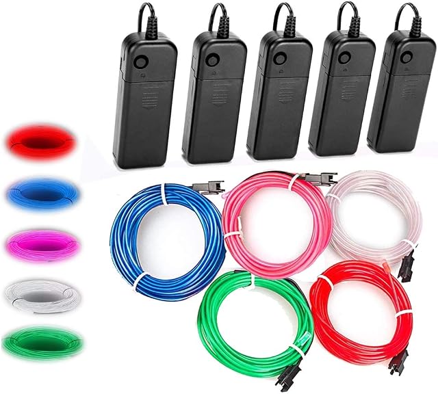 Balabaxer EL Wire, 5 Pack 9ft Neon Lights Portable Electroluminescent Wire with Battery Pack for Parties, Halloween,DIY Decoration (Green, Blue, Red, White, Pink)