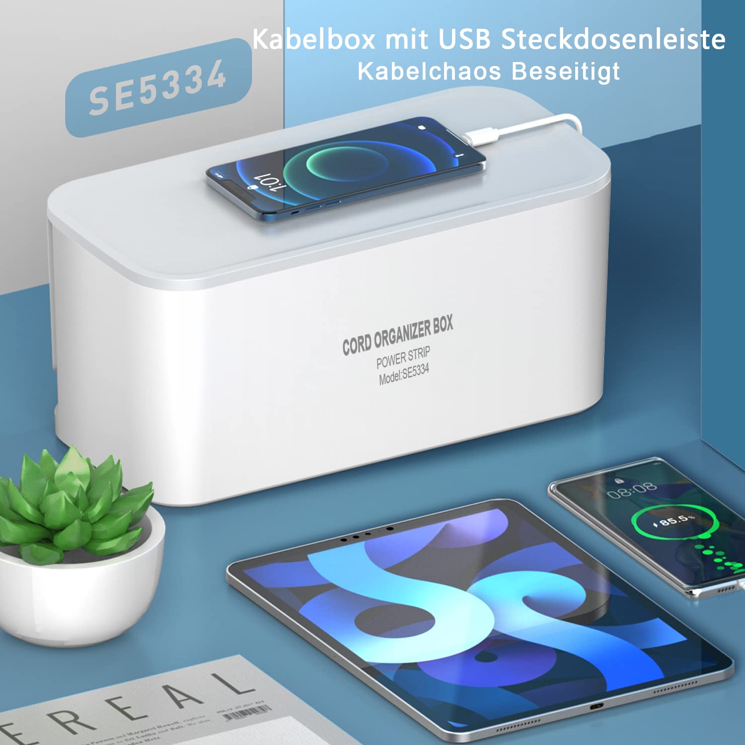Kabelbox mit Steckdosenleiste Überspannungsschutz, 5Fach Mehrfachsteckdose mit 3USB, Kabel Organizer Box Steckdosenadapter mit 2M Kabel und 10 Stück Kabelbinder, 29.5 * 14 * 14CM, Weiß