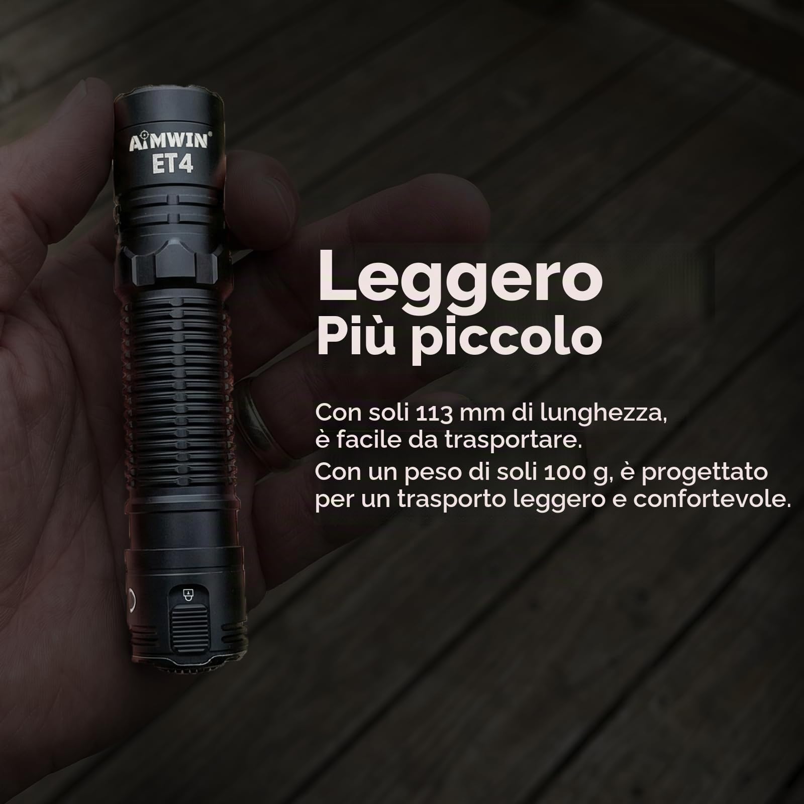 AIMWIN Torcia Elettrica Ricaricabile Tattica ET4 EDC 3500 Lumen Portata 380m 4 Livelli di Luminosità Modalità Search/Turbo Istantanee Pulsante Posteriore USB-C Ricarica Rapida Torcia Compatta