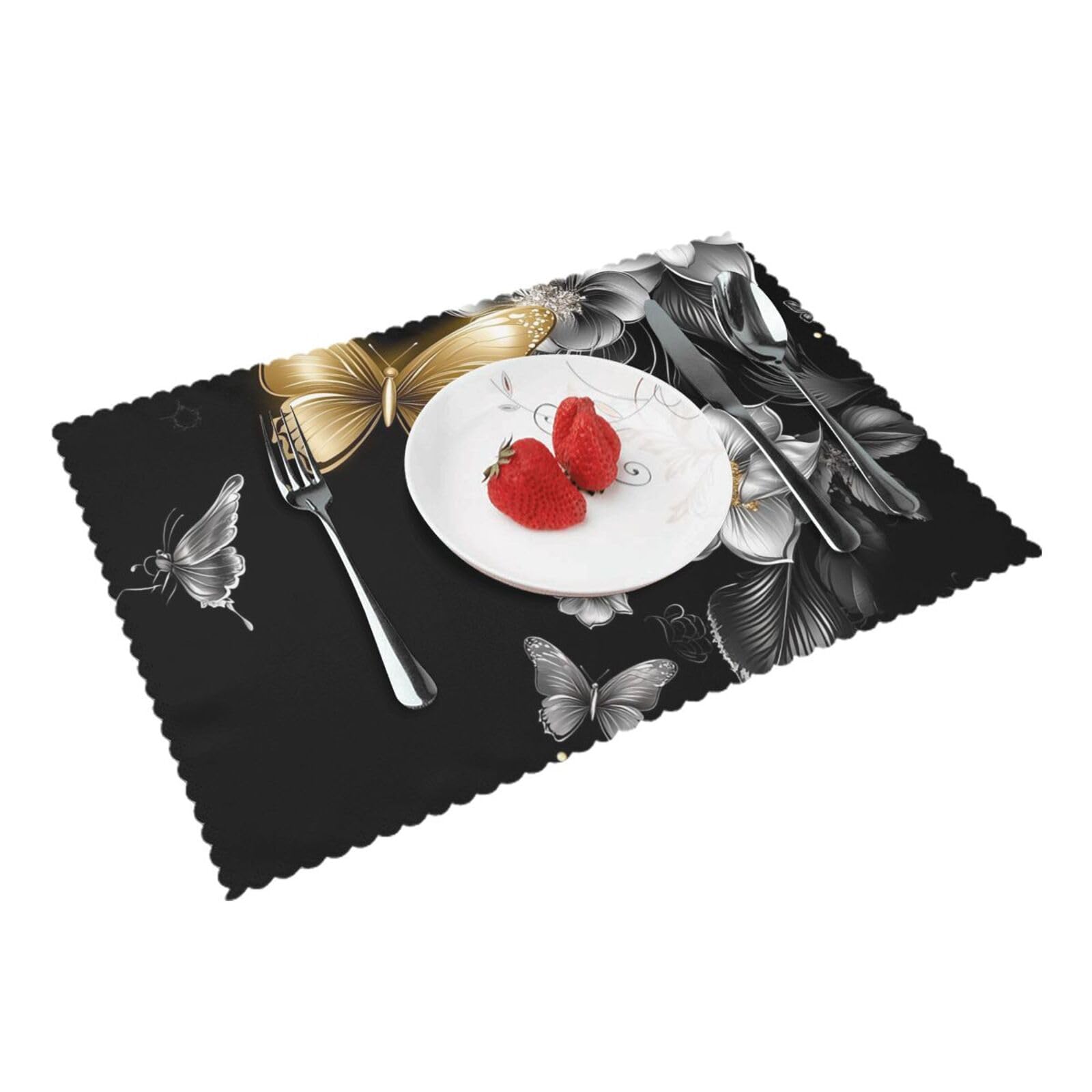 Placemats Set of 4 Heat Resistant Non-Slip Place Mats for Dining Table Gold White Butterflies Black Placemats Washable Woven Table Mats Wipeable Placemat for Kitchen Decoration 30 x 45 cm