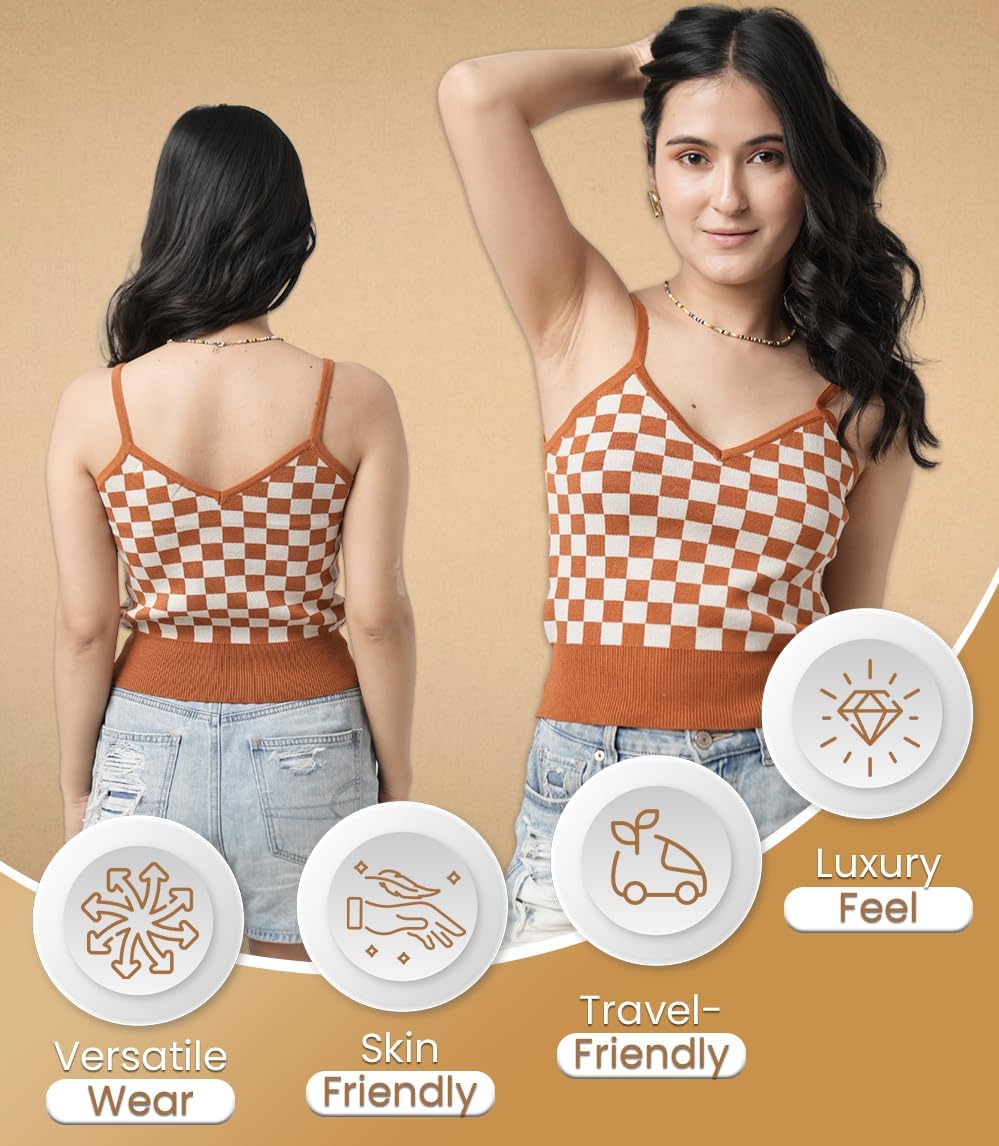 Womens Sleeveless tank top in Caramel Cafe/white combo Small Size | Spring Tops For Women in Checkerboard Pattern | Double Front & Back V-Neck Tank Tops For Casual wear, travel, Brunch & more - Image 4