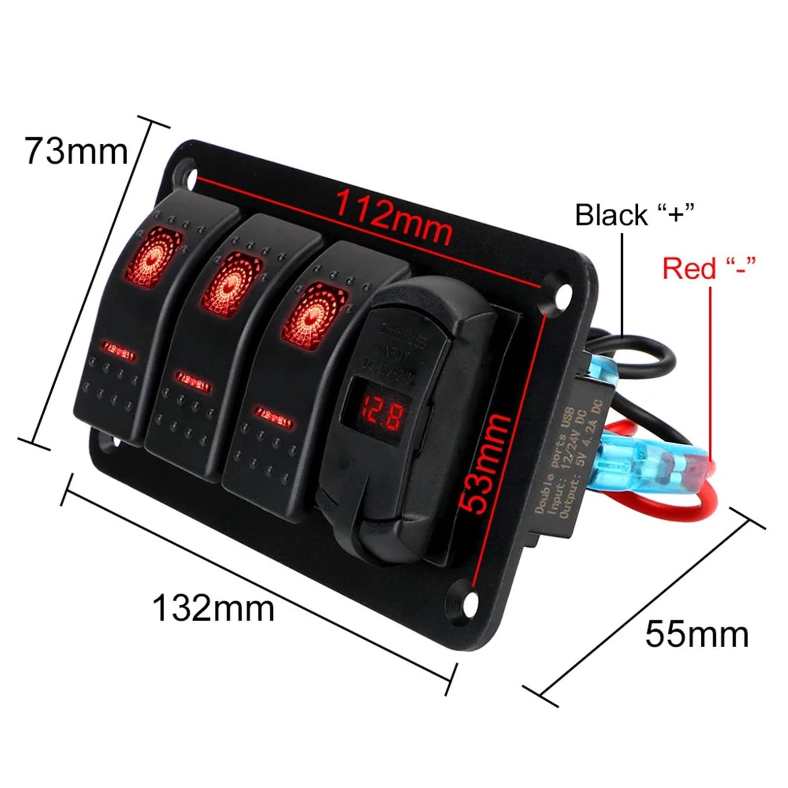 Panel de interruptores de 24 V y 12 V con 3 botones, luz de palanca for coche, cargadores USB, comprobador de 3 voltios, accesorios for barco, caravana, camión, remolque(Rot)