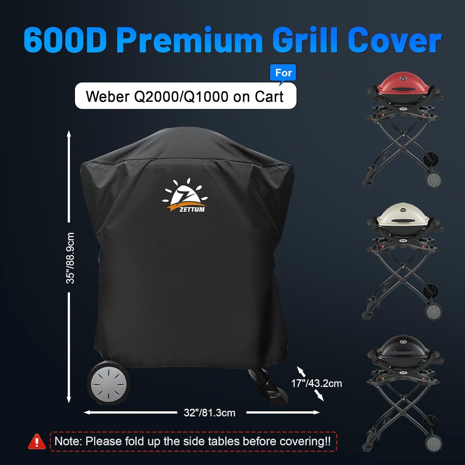 Zettum Housse pour Barbecue Exterieur pour Weber Q1000/Q2000 Serie, 7113 Housse pour Barbecue Robuste et imperméable Barbecue Bâche de Protection BBQ (81 L x 43 W x 88 H CM)