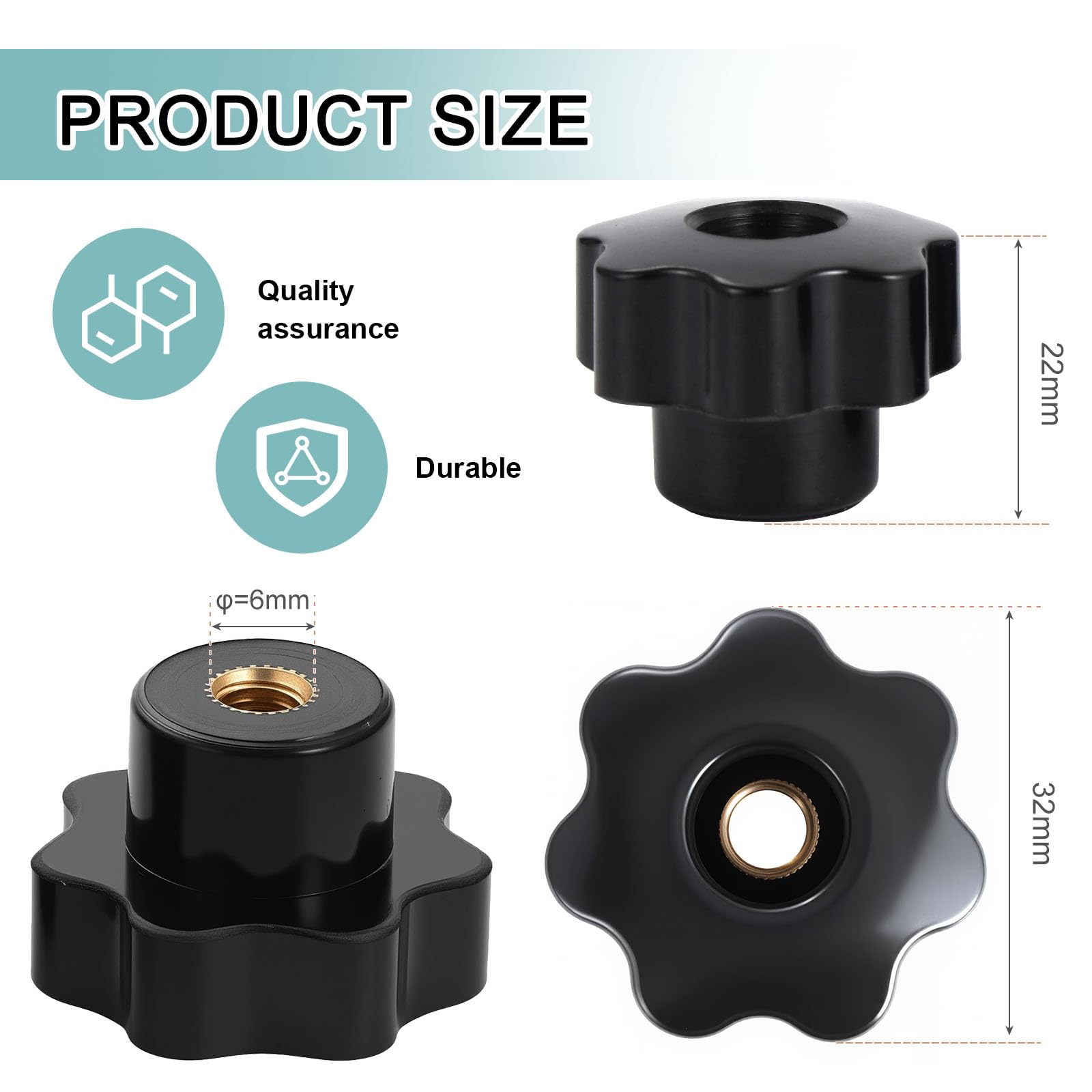 HSEAMALL 10 Pezzi Dado a Stella M6 Ad Alette - Manopola di Serraggio Con Filettatura Interna in Plastica, Foro Passante - Per Macchina Utensile, Nero