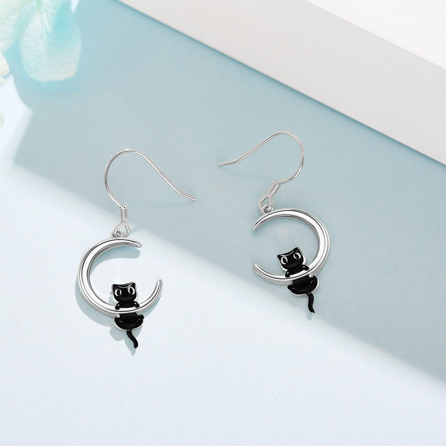 Black Cat Earrings for Women Sterling Silver Moon Dangle Earrings Jewelry Gifts for Women Cat Lovers
