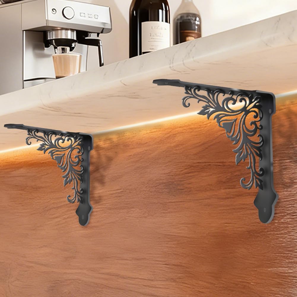 2Pcs Decorative Shelf Support Brackets Floral Iron Shelf Brackets Vintage Black Metal Wall Mount Ornate Right Angle Rack Rustic Style Holder for Home Decoration 6.77 x 8.27 x 0.08 Inch