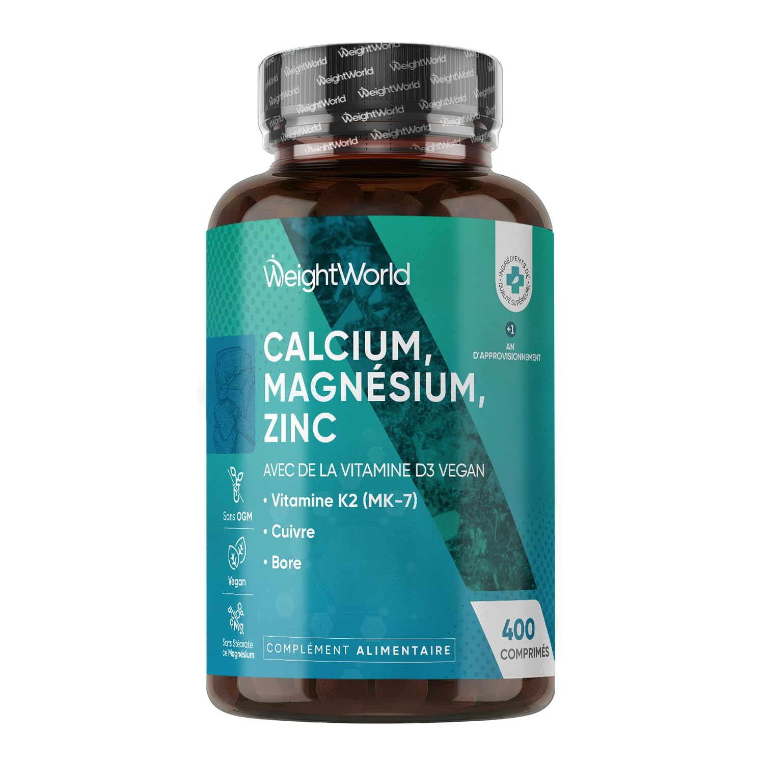 Calcium Magnésium Zinc Vitamine D3 K2 MK7, 400 Comprimés Vegan (+ 1 An)