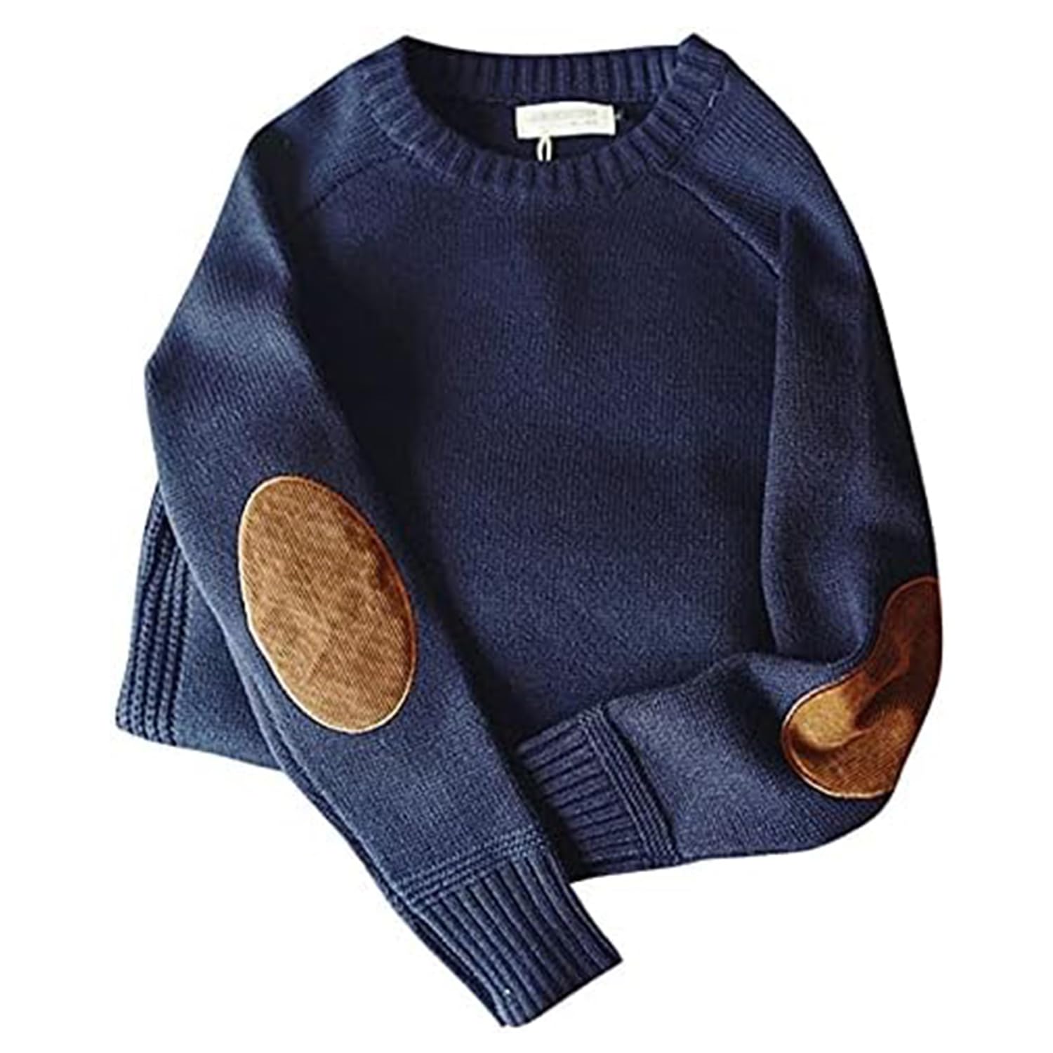 Pnzlzia Men's Blue Elbow Patches Sweater, Vintage Style Crew Neck Sweater, Thick Pullover Tops With Elbow Patches, Xl