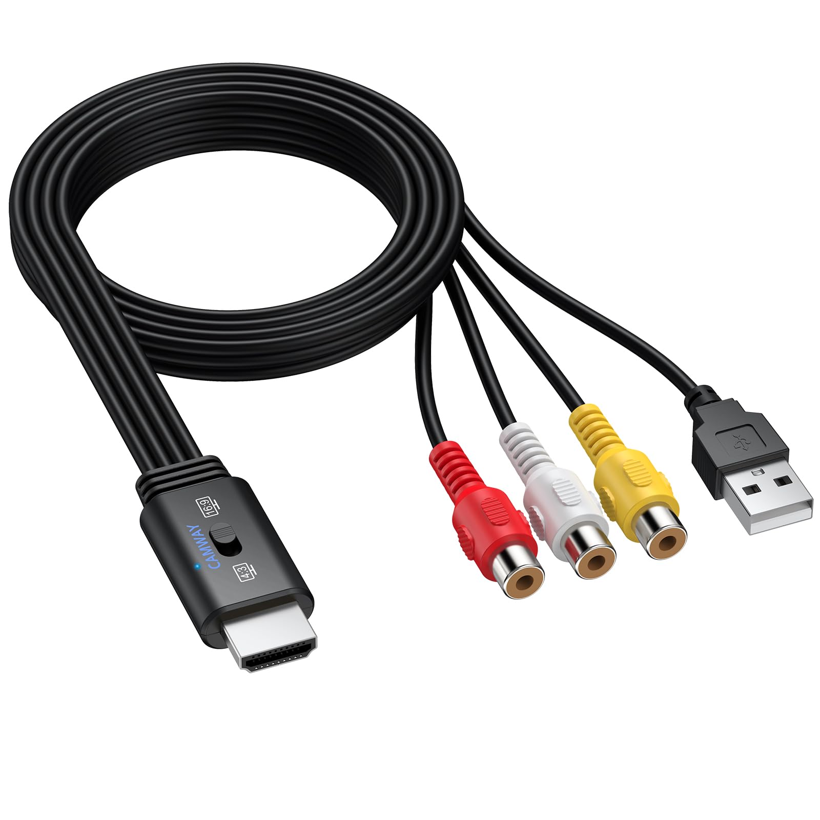 CAMWAY Konwerter RCA na HDMI, adapter audio wideo 1080P AV z przełącznikiem proporcji 4:3/16:9, kompozytowy CVBS RCA żeński na HDMI męski kabel do gier retro, PS2, N64, Wii, magnetowidu, VHS, DVD, 60