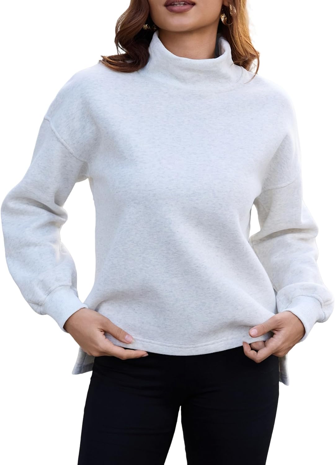 Women's Mock Neck Sweatshirt Fleece Long Sleeve Pullover Casual Drop Shoulder Turtleneck Cropped Shirt Tops
