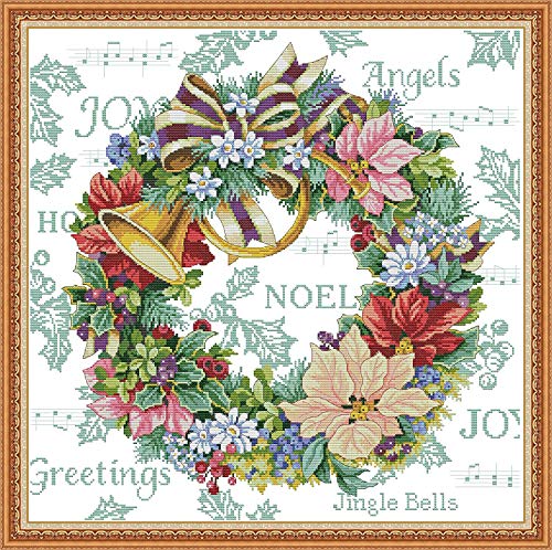 ITSTITCH Printed Cross Stitch Kits 11CT 27X27 inch DIY Embroidery Starter Kits Easy Patterns Embroidery for Girls Crafts DMC Stamped Cross-Stitch Supplies Needlework Honliday Wreath