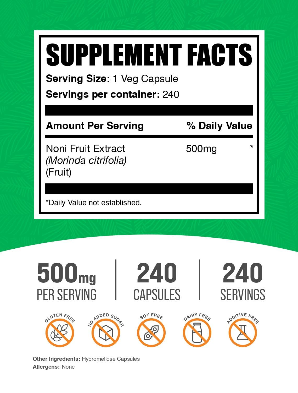 BulkSupplements.com Noni Extract Capsules - Noni Fruit 500mg, Superfood Supplement, Noni Fruit Supplement - Gluten Free, 1 Capsule per Serving, 240 Veg Capsules (Pack of 1) — Amazon image 2
