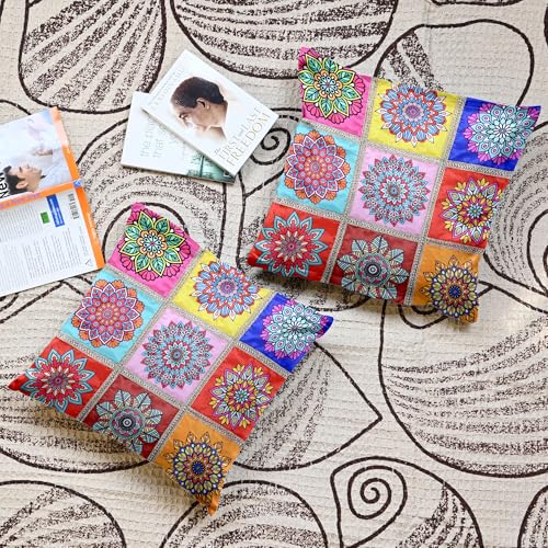 Image of Divine Casa Set of 5 Mandala Cushion Covers 16x16 Inches | Polyester Sofa Cushion Covers with Decorative Lace Border | Multicolor Designer Cushion Covers for Couch & Living Room | Multi Pink