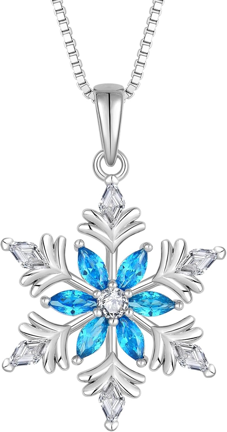 Vinoya 925 Sterling Silver Snowflake Necklace for Women Birthstone Snowflake Pendant Necklace Cubic Zirconia Christmas Jewelry
