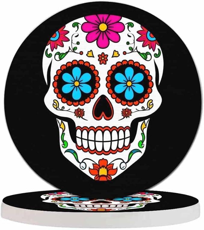 Sugar Skull Round Coaster for Home Coffee Table Human Head Mexican Spooky Skeleton Horror Bone Death Farmhouse Drink Coasters 100% Diatomite 4''X 4''X 0.35'' Printed Pattern