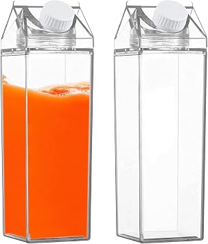 Clear Milk Pack Bottles - Portable Square Breast Milk Pitcher - 2 Pcs Milk Carton Water Bottle Clear Transparent Drink Cup Reusable Containers Sukusi