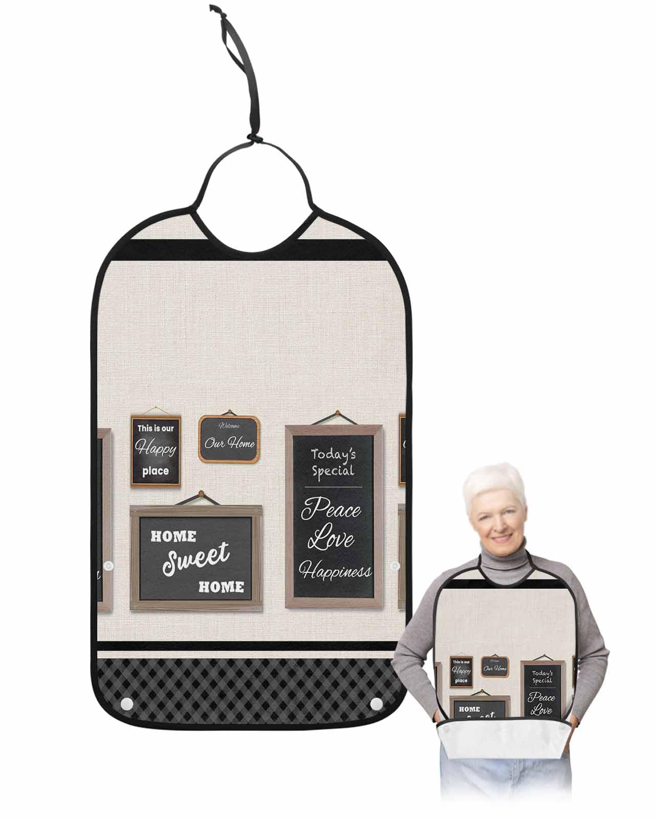 LEOKOTI Black White Adult Bibs for Eating, Waterproof Bibs with Food Catcher & Adjustable Snap Closure, Modern Black Checkered Home Rustic Washable Clothing Protectors Adult Bibs for Elderly Women/Men