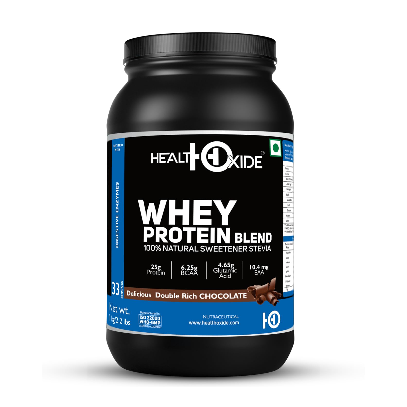 Healthoxide 100% Whey 1 kg /2.2 lbs, Whey Protein Concentrate, 25g Protein, 5.4g BCAA, 1.6g EAA,200mg DHA- 30 Servings (Double Rich Chocolate)