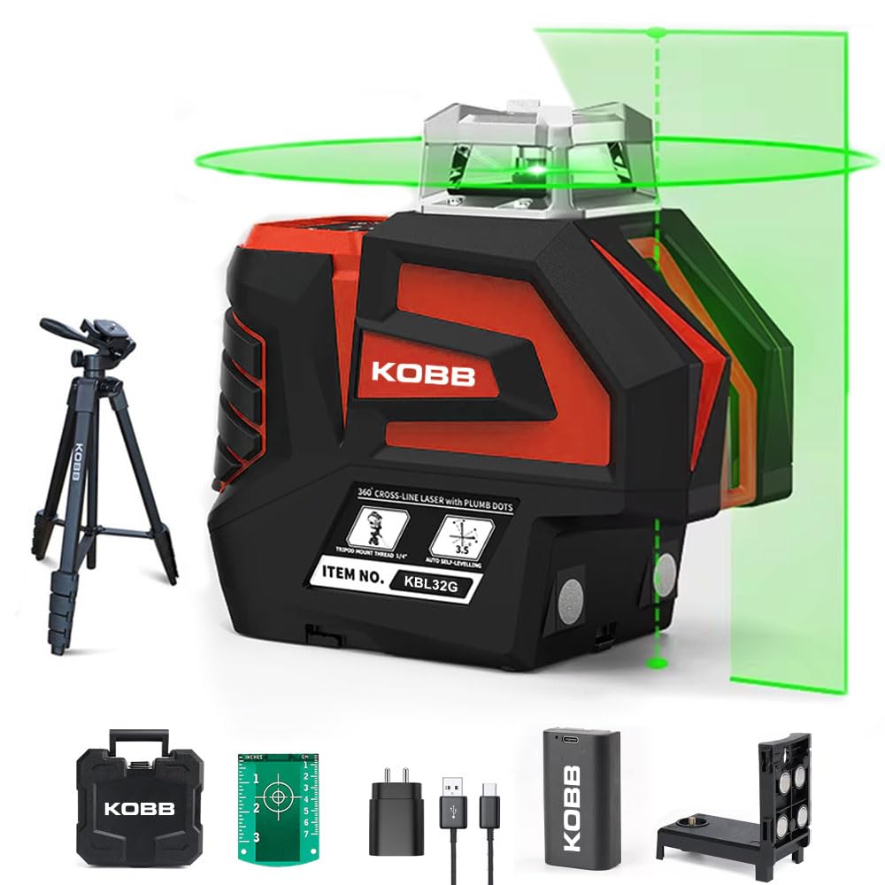 KOBB KBL32GTP Profesyonel Li-ion Yatay 360° ve Dikey Otomatik Hizalamalı Yeşil Nokta Şakül ve Yeşil Çapraz Çizgi Lazer Distomat + Tripod