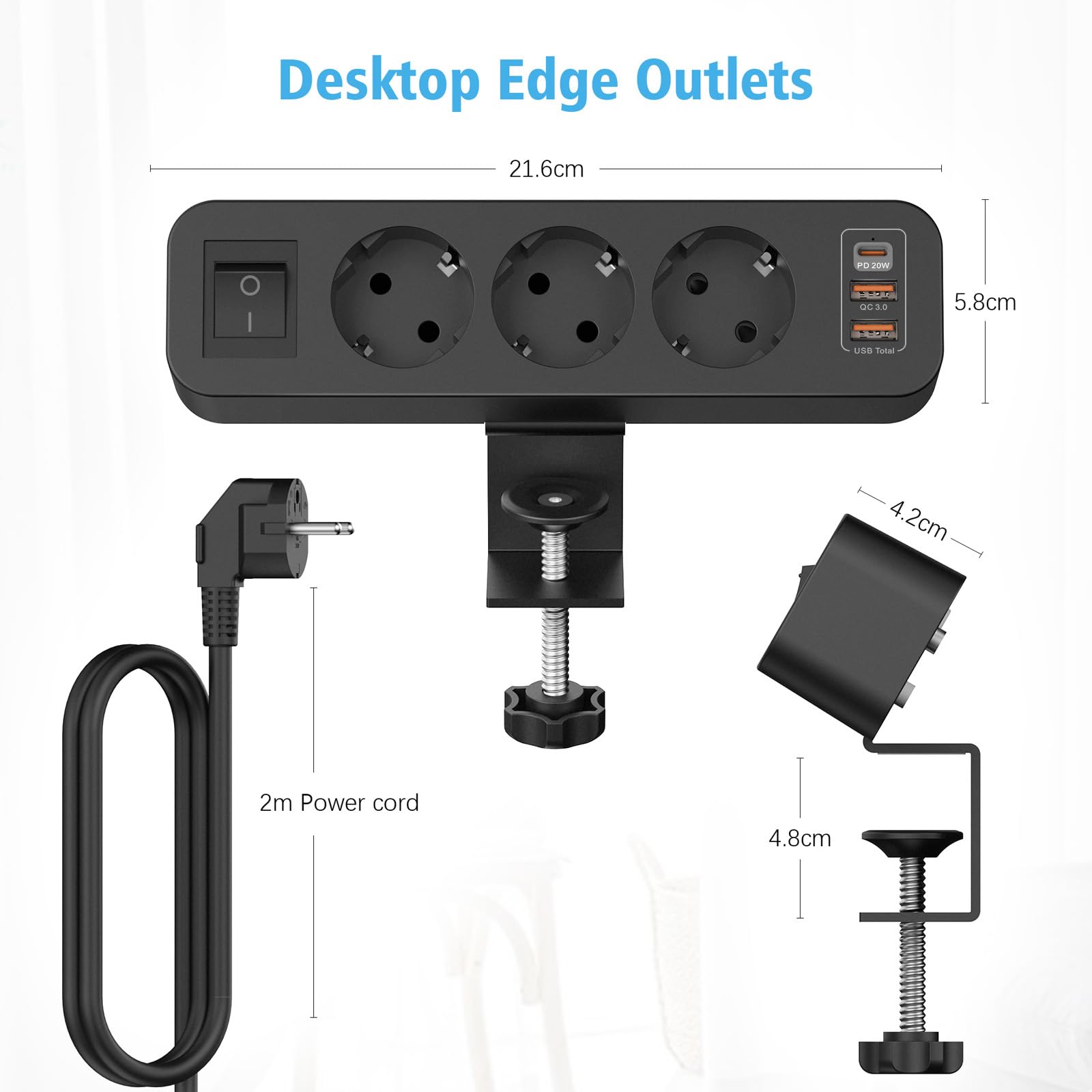 Prise de Table avec USB C, Prise Multiple 3 USB à 3 Voies avec Interrupteur, Multiprise de Bureau avec Câble 2M pour Bureau à Domicile. Noir (Lot de 6)