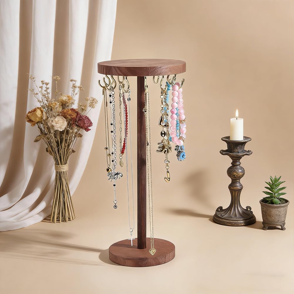 Jewelry Holder Stand 9.84" Tall Necklace Organizer Rack Wooden Jewelry Storage Organizer Rack with 12Pcs Light Gold Iron Hooks for Necklaces Bracelets Rings Earrings
