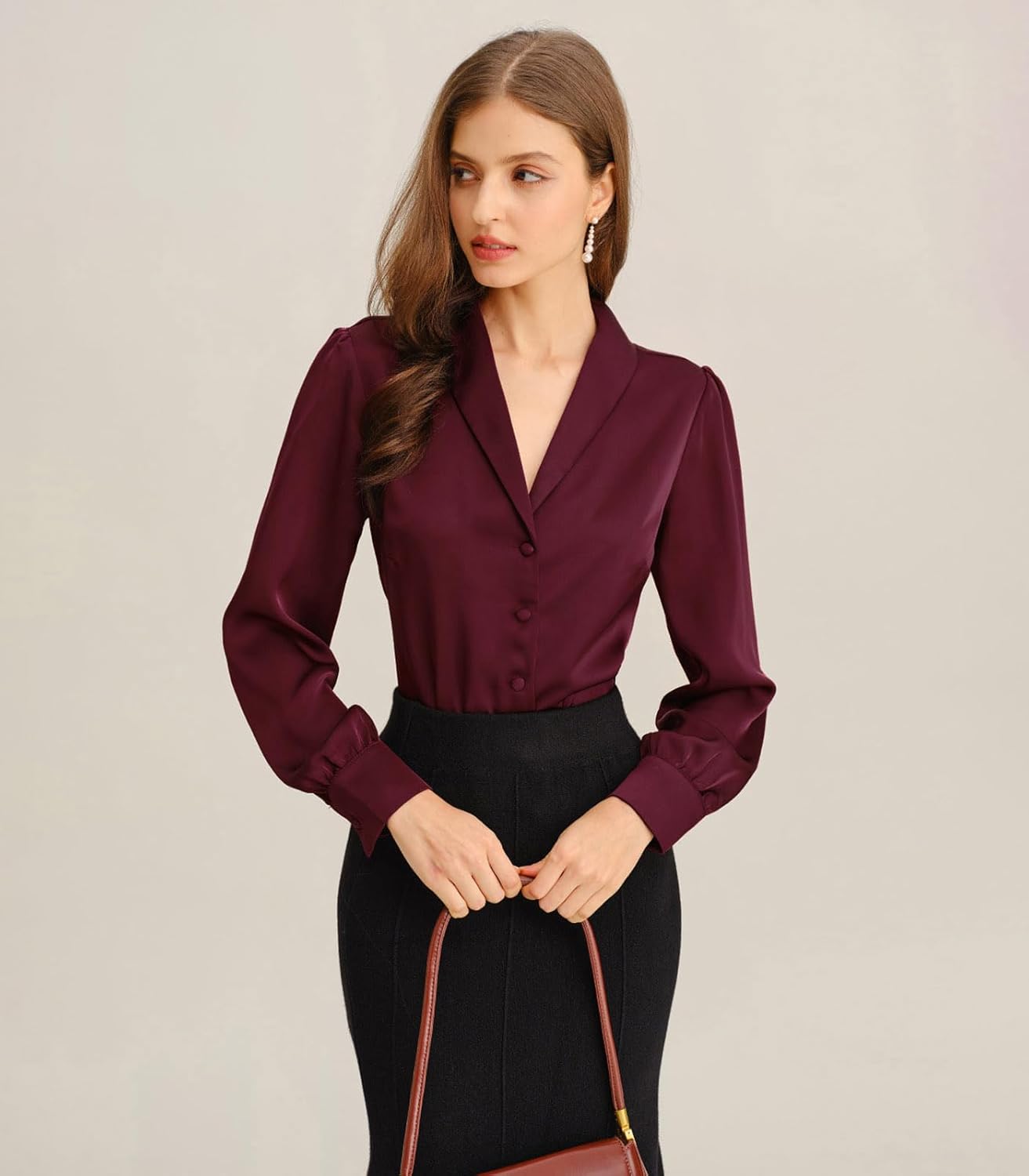 RIHOAS Women's Satin V-Neck Long Sleeve Button Down Shirt - Business Casual Dressy Blouse for Summer Fall Work & Daily Wear - Image 3