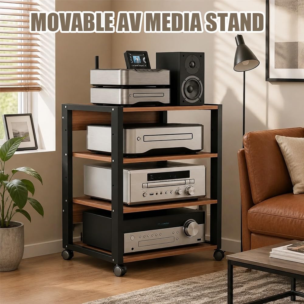Stojak na media AV z 3/4 poziomami, wieża audio do systemów stereo z regulowanymi półkami, stojak na kino domowe na odtwarzacze CD, gramofony i odbiorniki stereo (czarny, 3-poziomowy)