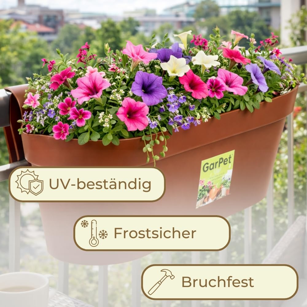 GarPet 4er Set Geländerkasten Balkon mit Wasserspeicher Blumentopf Zaun Blumenkasten Geländer Balkontopf Balkonkasten Geländerkasten Blumenkasten Balkon Terracotta 50 cm