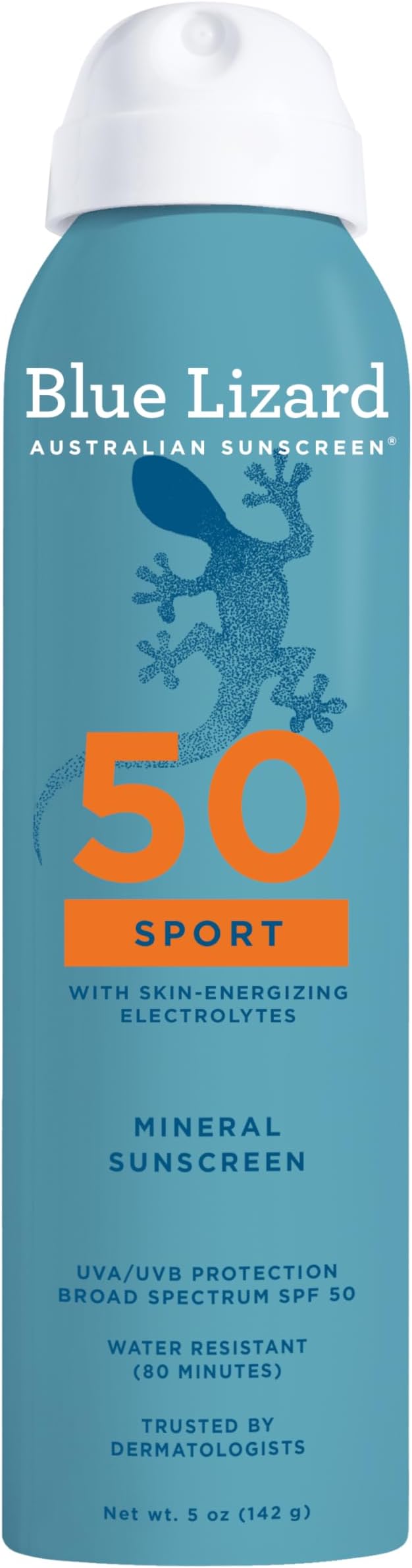 BLUE LIZARD Sport Mineral Sunscreen Spray SPF 50+, Dermatologist-Recommended Brand, Broad-Spectrum UVA/UVB Protection, Water-Resistant, Zinc Oxide Formula, Vegan, 5 fl oz
