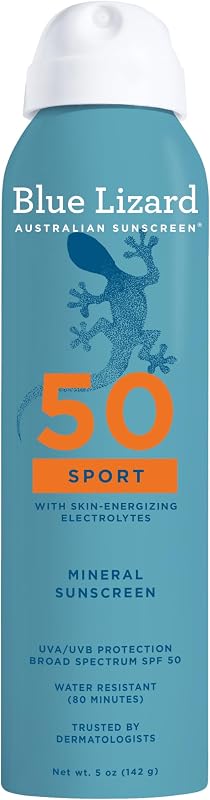 BLUE LIZARD Sport Mineral Sunscreen Spray SPF 50+, Dermatologist-Recommended Brand, Broad-Spectrum UVA/UVB Protection, Water-Resistant, Zinc Oxide Formula, Vegan, 5 fl oz