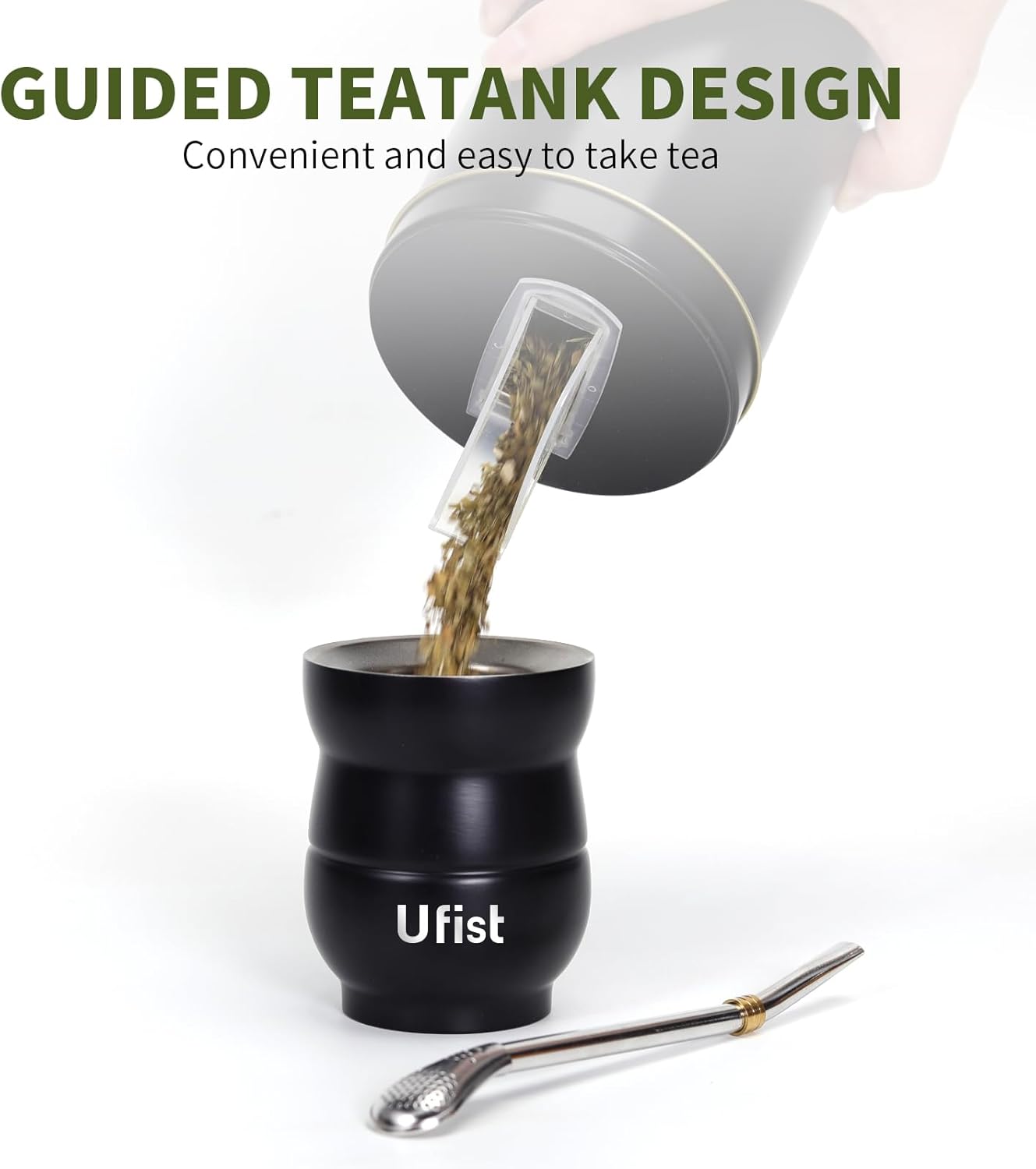 Uruguayan Style Yerba Mate Cup Set, Include 4.8oz Modern Stainless Steel Mate Gourd, 37oz Yerbero, 2pcs Bombilla Straws, Cleaning Brush (Black) - Image 4