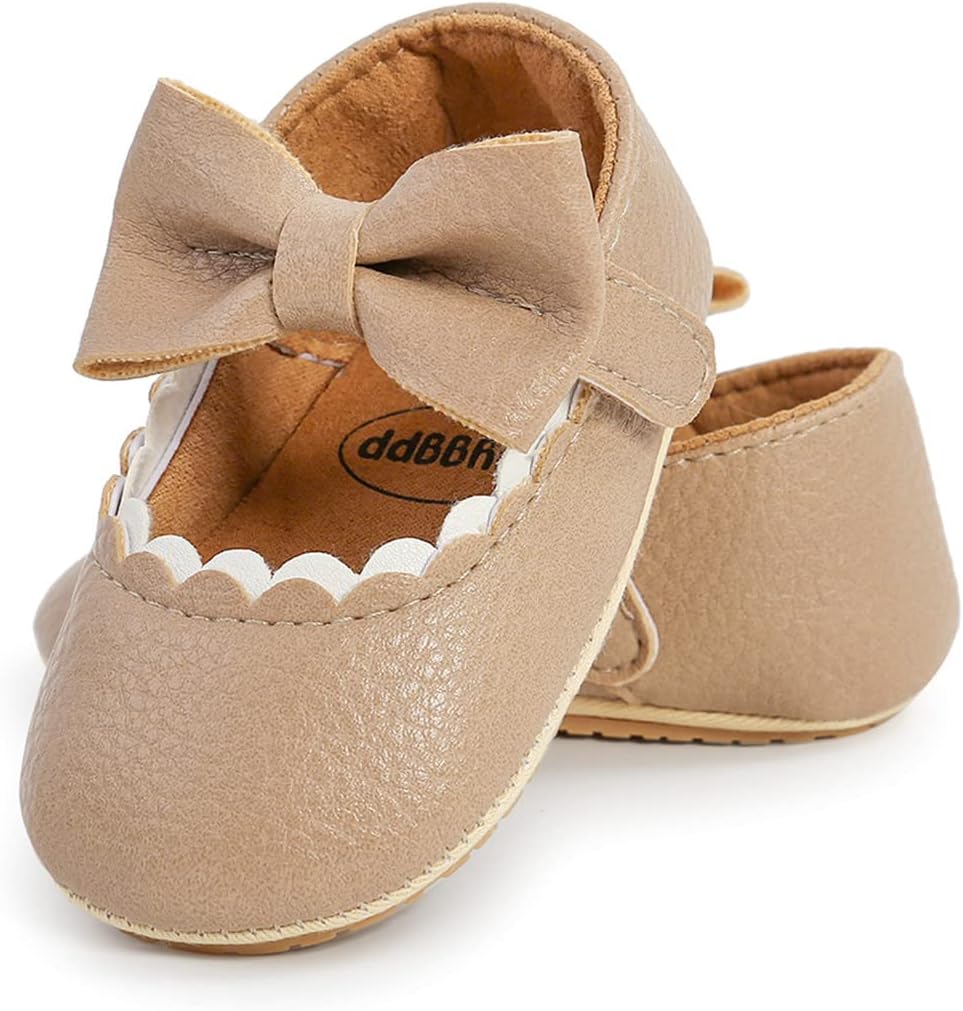 LAFEGEN Baby Girls Mary Jane Flats with Bownot Non Slip Soft Sole PU Leather Newborn Infant Toddler First Walker Cirb Dress Shoes 0-6 Months Infant 12 Beige image 4 of 5 B09J4F9QMJ
